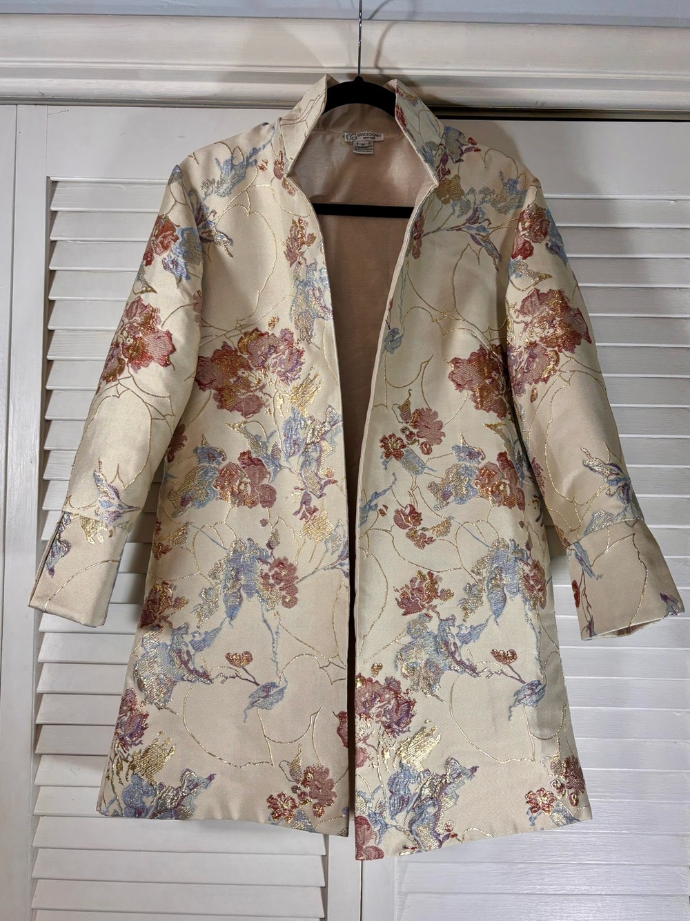 Grace Chuang New York Floral Jacquard Duster Coat Ivory Metallic Open Front